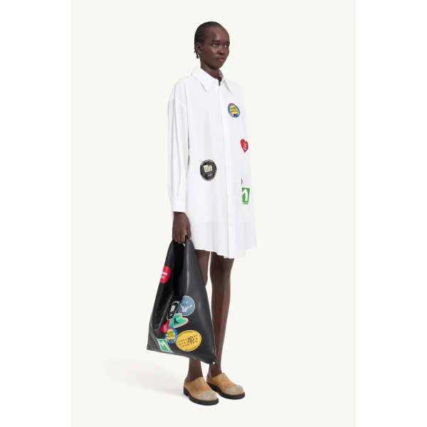 MM6 Maison Margiela Sticker-Print Cotton Poplin Dress in White, view 3 | Midi Dresses | Coveti