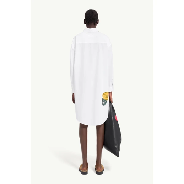 MM6 Maison Margiela Sticker-Print Cotton Poplin Dress in White, view 4 | Midi Dresses | Coveti