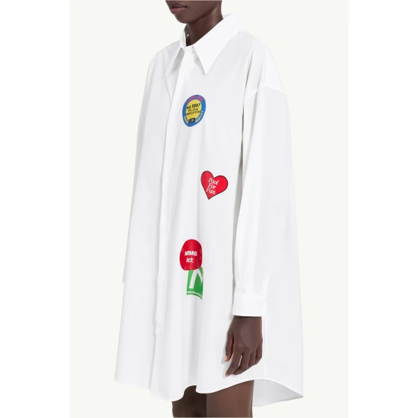 MM6 Maison Margiela Sticker-Print Cotton Poplin Dress in White, view 5 | Midi Dresses | Coveti