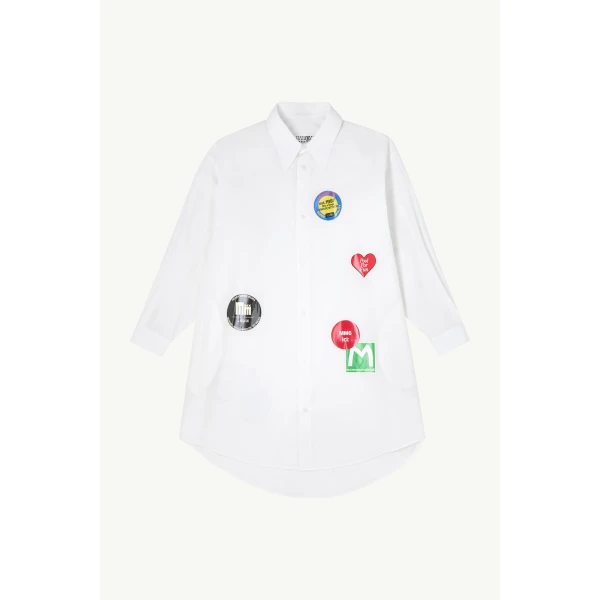 MM6 Maison Margiela Sticker-Print Cotton Poplin Dress in White, view 6 | Midi Dresses | Coveti