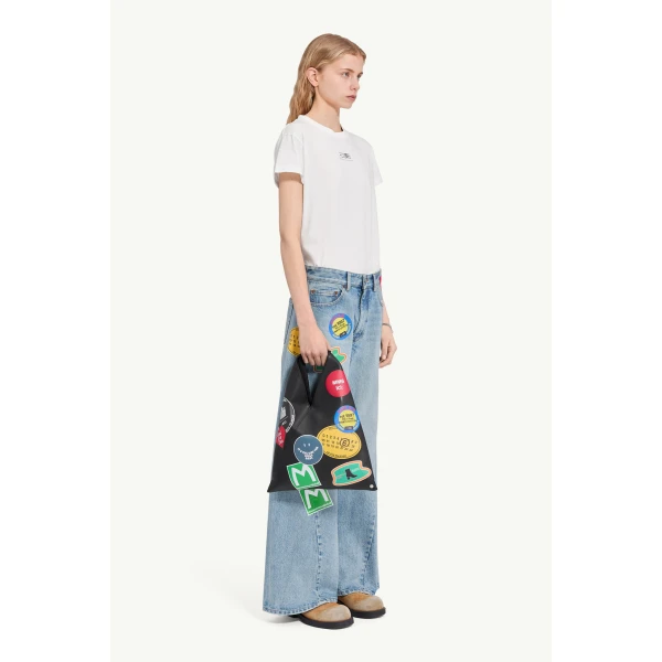 MM6 Maison Margiela Sticker-Print Wide-Leg Jeans in Blue, view 3 | Denim | Coveti