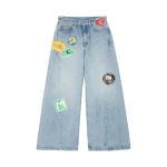MM6 Maison Margiela Sticker-Print Wide-Leg Jeans in Blue | Denim | Coveti