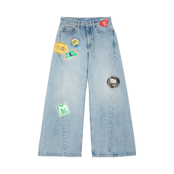 MM6 Maison Margiela Sticker-Print Wide-Leg Jeans in Blue | Denim | Coveti