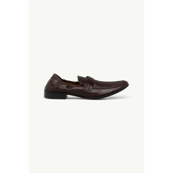 MM6 Maison Margiela Swing-Toe Leather Loafers in Brown, view 2 | Loafers | Coveti