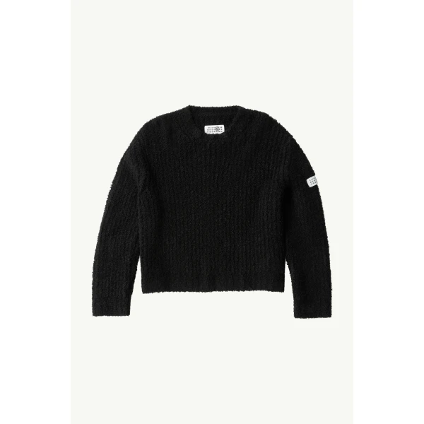 MM6 Maison Margiela Textured Knit Crew Neck Jumper in Black, view 5 | Sweaters | Coveti