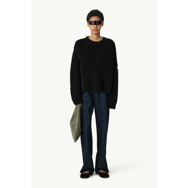 MM6 Maison Margiela Textured Knit Crew Neck Jumper in Black, view 6 | Sweaters | Coveti