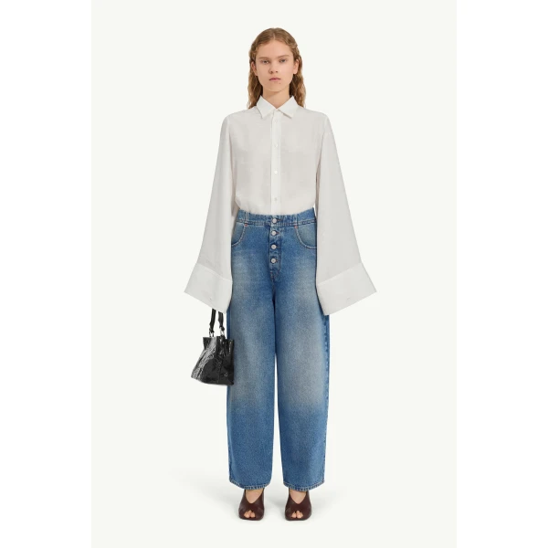 MM6 Maison Margiela Tobacco-Stitch Straight-Leg Jeans in Light Blue, view 2 | Denim | Coveti