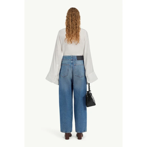 MM6 Maison Margiela Tobacco-Stitch Straight-Leg Jeans in Light Blue, view 4 | Denim | Coveti