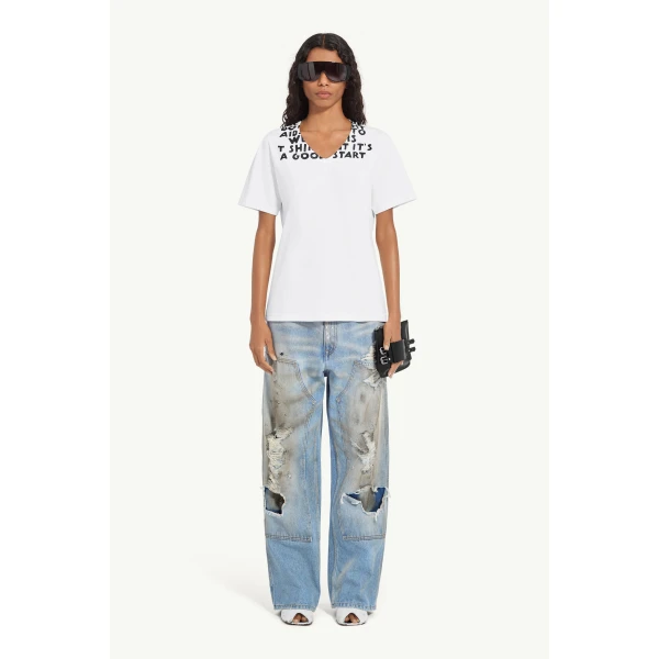 MM6 Maison Margiela V-Neck Sida T-Shirt in White, view 2 | T-shirts | Coveti