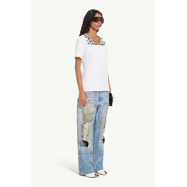 MM6 Maison Margiela V-Neck Sida T-Shirt in White, view 3 | T-shirts | Coveti
