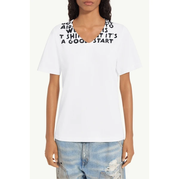 MM6 Maison Margiela V-Neck Sida T-Shirt in White, view 5 | T-shirts | Coveti