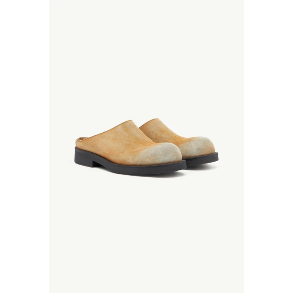 MM6 Maison Margiela Washed Suede Biker Mules in Almond, view 3 | Mules | Coveti