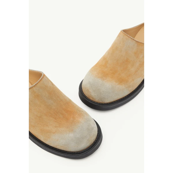 MM6 Maison Margiela Washed Suede Biker Mules in Almond, view 5 | Mules | Coveti