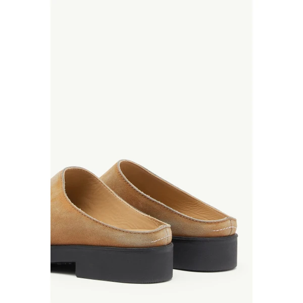 MM6 Maison Margiela Washed Suede Biker Mules in Almond, view 6 | Mules | Coveti
