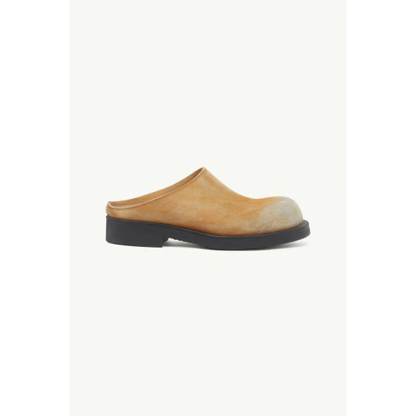 Washed Suede Biker Mules in Almond