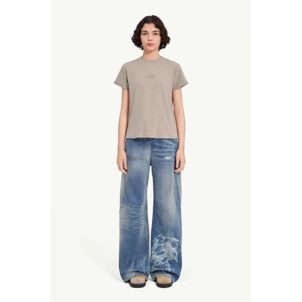 MM6 Maison Margiela Wool Blend Rib Jersey T-Shirt in Taupe, view 2 | T-shirts | Coveti