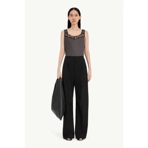 MM6 Maison Margiela Wool Wide-Leg Trousers in Black, view 2 | Wide leg pants | Coveti