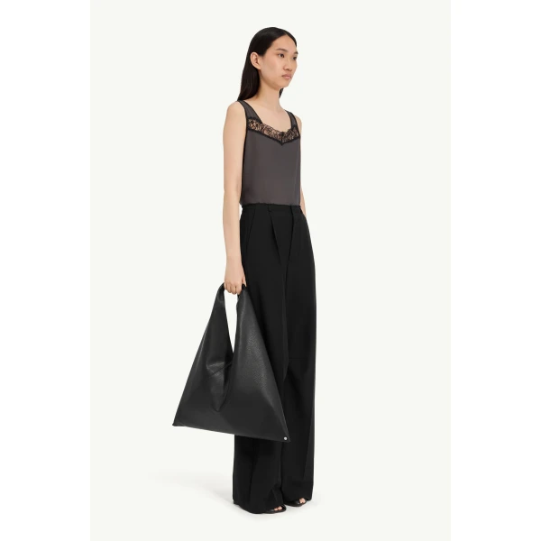 MM6 Maison Margiela Wool Wide-Leg Trousers in Black, view 3 | Wide leg pants | Coveti