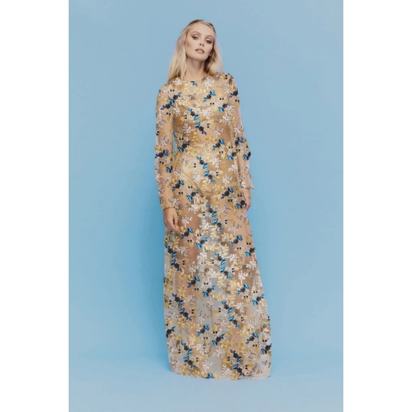 Macgraw Soiree Dress in Blue and Gold Floral Sequin | Evening Gowns | Coveti