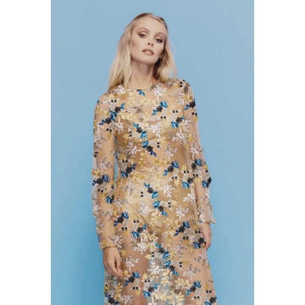 Macgraw Soiree Dress in Blue and Gold Floral Sequin | Evening Gowns | Coveti