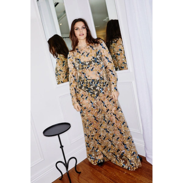 Macgraw Soiree Dress in Blue and Gold Floral Sequin | Evening Gowns | Coveti