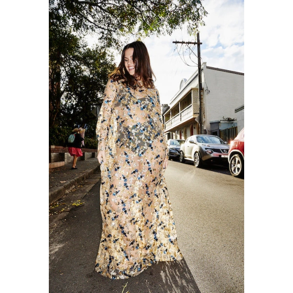 Macgraw Soiree Dress in Blue and Gold Floral Sequin | Evening Gowns | Coveti