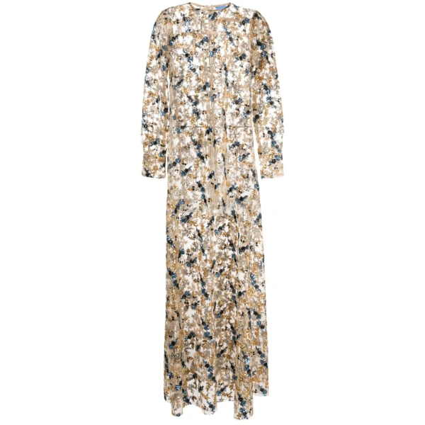 Soiree Dress in Blue and Gold Floral Sequin