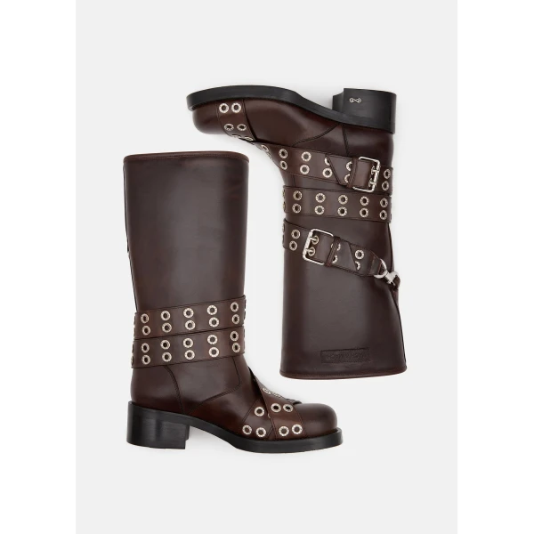 Beige Mach & Mach Buckle Belt Vintage Leather Combat Boots in Brown, view 3 | Boots