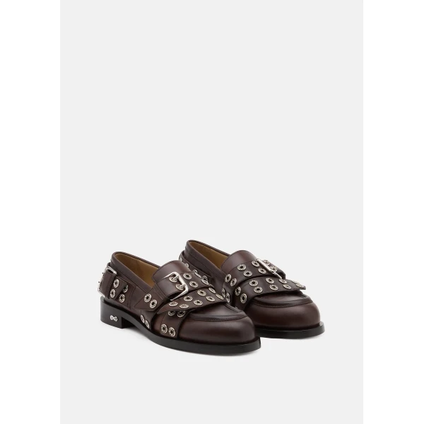 Beige Mach & Mach Buckle Belt Vintage Leather Loafers in Brown, view 2 | Loafers