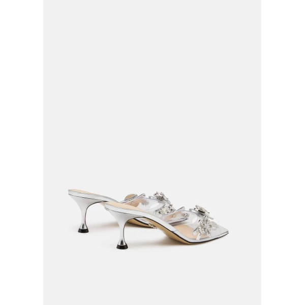 Metallic Mach & Mach Crystal Button PVC Mules 65mm in Silver, view 4 | Mules