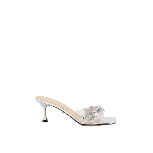 Metallic Mach & Mach Crystal Button PVC Mules 65mm in Silver | Shoes