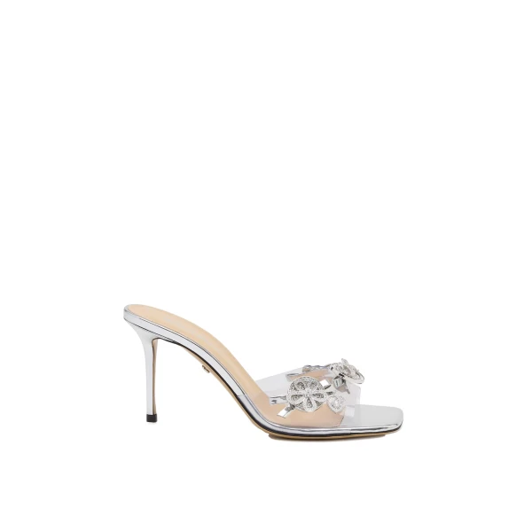 Metallic Mach & Mach Crystal Button PVC Mules 85mm in Silver | Shoes