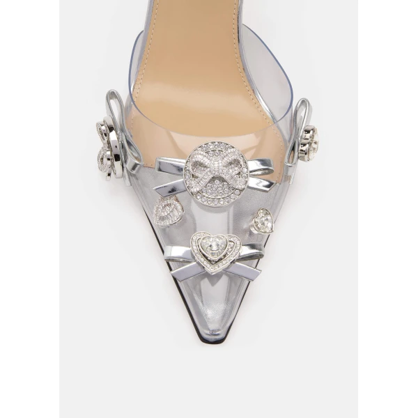 Metallic Mach & Mach Crystal Button PVC Pumps in Silver, view 5 | Heels
