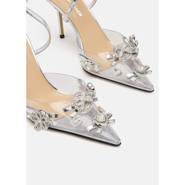 Metallic Mach & Mach Crystal Button PVC Pumps in Silver, view 6 | Heels