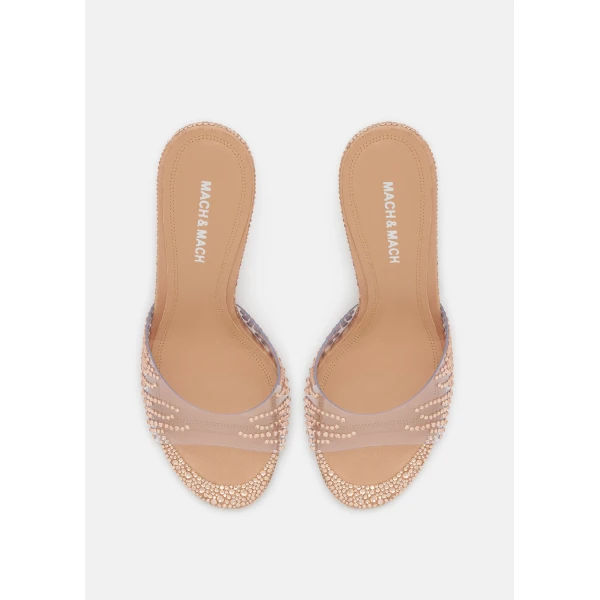 Beige Mach & Mach Crystal Flame Golden Brown Round Toe Mules, view 3 | Mules