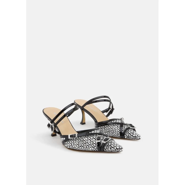 Black Mach & Mach Crystal Net Black Mules with Straps, view 2 | Mules