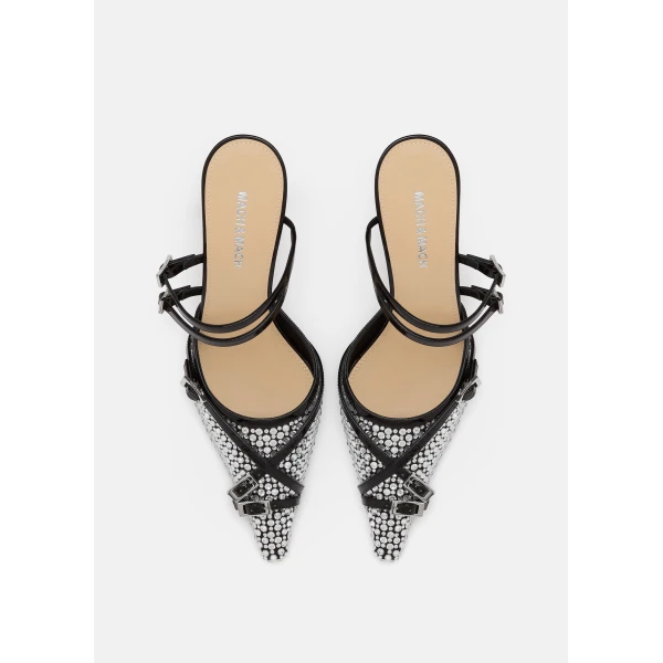 Black Mach & Mach Crystal Net Black Mules with Straps, view 3 | Mules