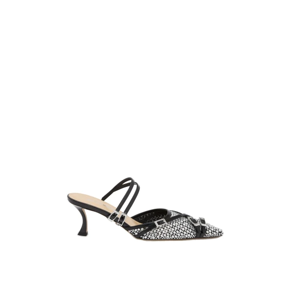 Black Mach & Mach Crystal Net Black Mules with Straps | Shoes