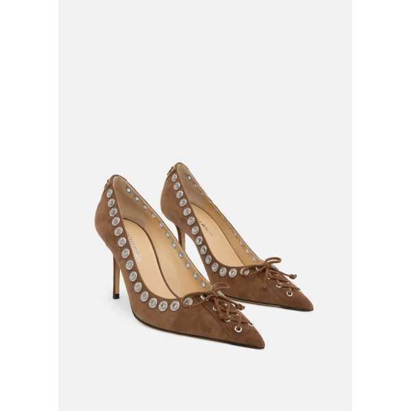 Beige Mach & Mach Crystalized Corset Pointed Toe Pumps in Dark Brown, view 2 | Heels