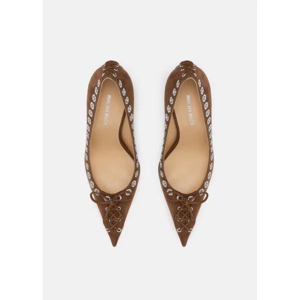Beige Mach & Mach Crystalized Corset Pointed Toe Pumps in Dark Brown, view 3 | Heels
