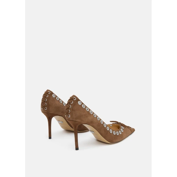 Beige Mach & Mach Crystalized Corset Pointed Toe Pumps in Dark Brown, view 4 | Heels