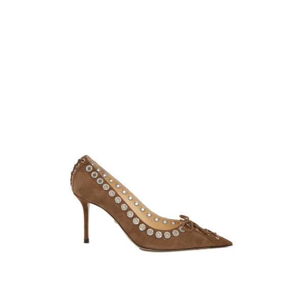 Beige Mach & Mach Crystalized Corset Pointed Toe Pumps in Dark Brown | Shoes