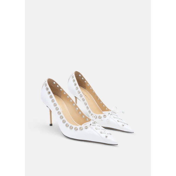 White Mach & Mach Crystalized Corset Pointed Toe Pumps in White, view 2 | Heels