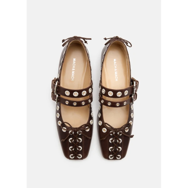 Beige Mach & Mach Crystalized Corset Square Toe Ballet Flats in Brown, view 3 | Flats