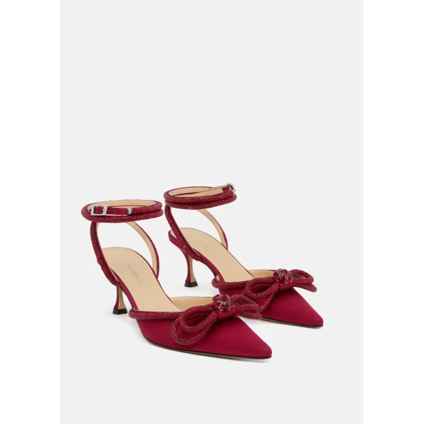 Red Mach & Mach Double Bow Bordeaux Kitten Satin Heels, view 2 | Heels
