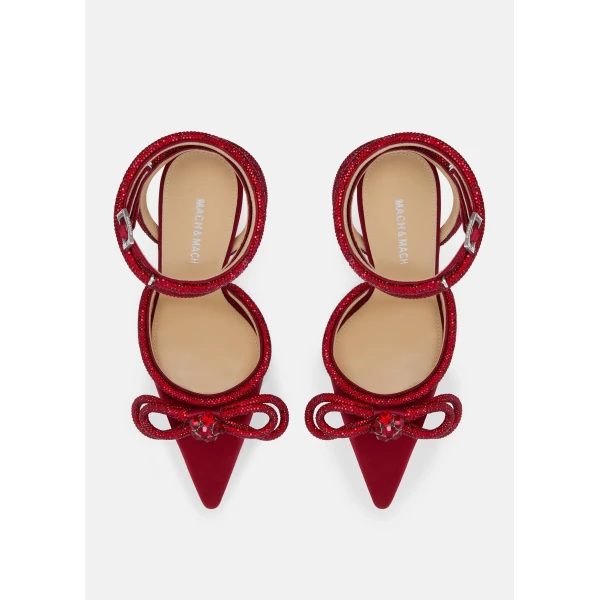 Red Mach & Mach Double Bow Bordeaux Satin High Heels, view 3 | Heels