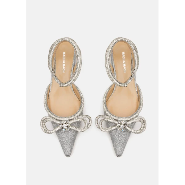 Metallic Mach & Mach Double Bow Glitter Flats with Ankle Strap in Silver, view 3 | Flats