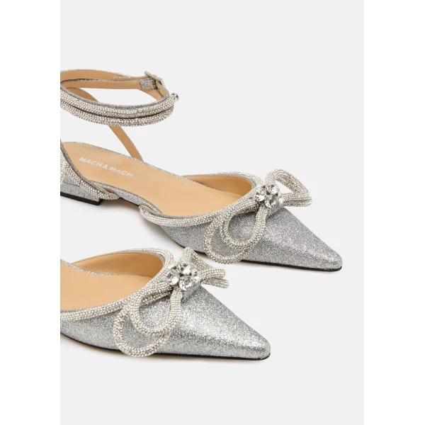 Metallic Mach & Mach Double Bow Glitter Flats with Ankle Strap in Silver, view 5 | Flats