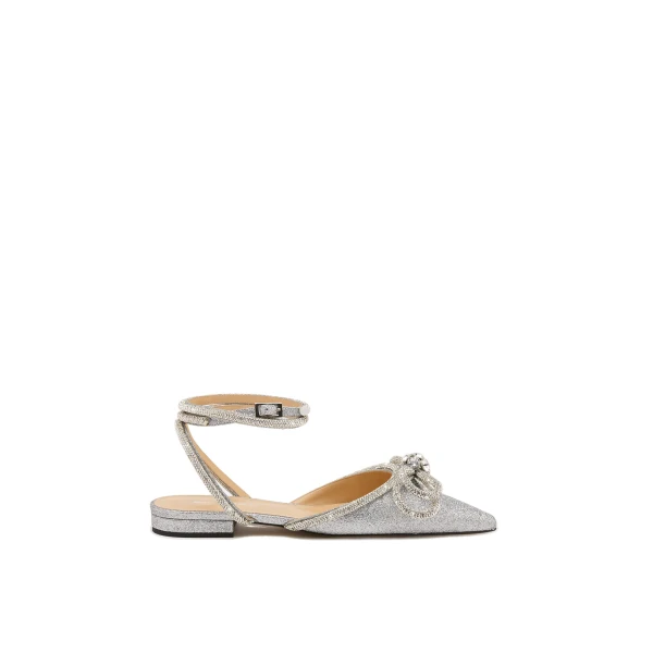 Double Bow Glitter Flats with Ankle Strap in Silver
