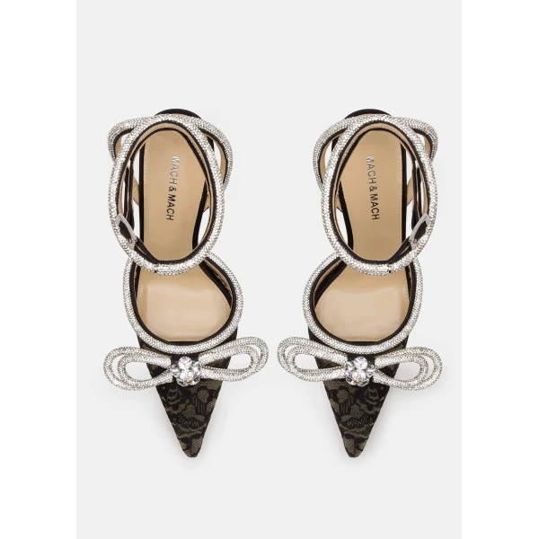 Black Mach & Mach Double Bow Lace Pumps 110mm in Black, view 3 | Heels
